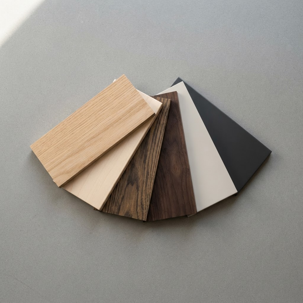 Fanned samples of maple, white oak, red oak, poplar and alder cabinet finishes